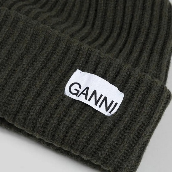 Olive Green GANNI Oversized Wool Rib Knit Beanie - Picture 3 of 5